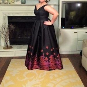 Alyce Black Satin Pink Floral Prom Dress